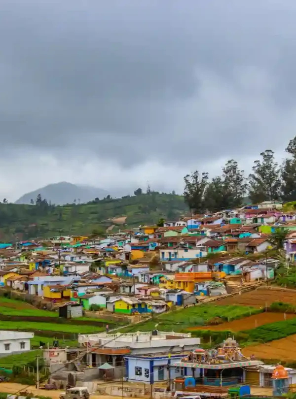 A wide shot of a multi-colored village nestled on a lush green hillside under a moody, overcast sky. The houses are painted in a vibrant patchwork of blues, yellows, pinks, and reds. In the foreground, neat terraced farm plots transition into the residential area, while tall eucalyptus trees and mist-covered mountains define the horizon.