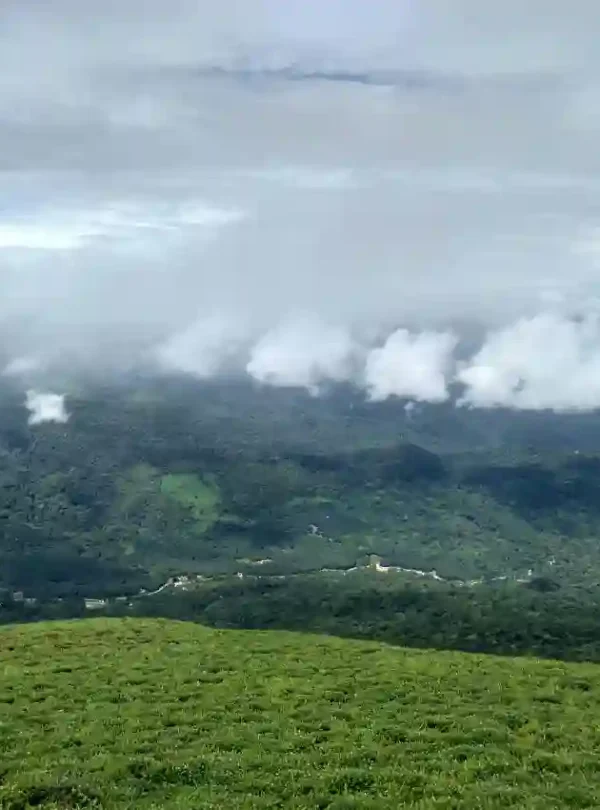 High-angle view of the Western Ghats in Coorg. Vibrant green rolling hills lead down into a deep valley where a thin white road winds through the forest, all under a heavy layer of mist and clouds.