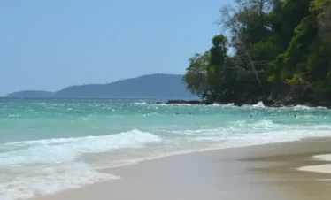 A sunlit tropical beach in Andaman featuring soft white sand in the foreground, vibrant turquoise ocean water with gentle white waves, and a densely forested green hill meeting the shoreline on the right under a blue sky.